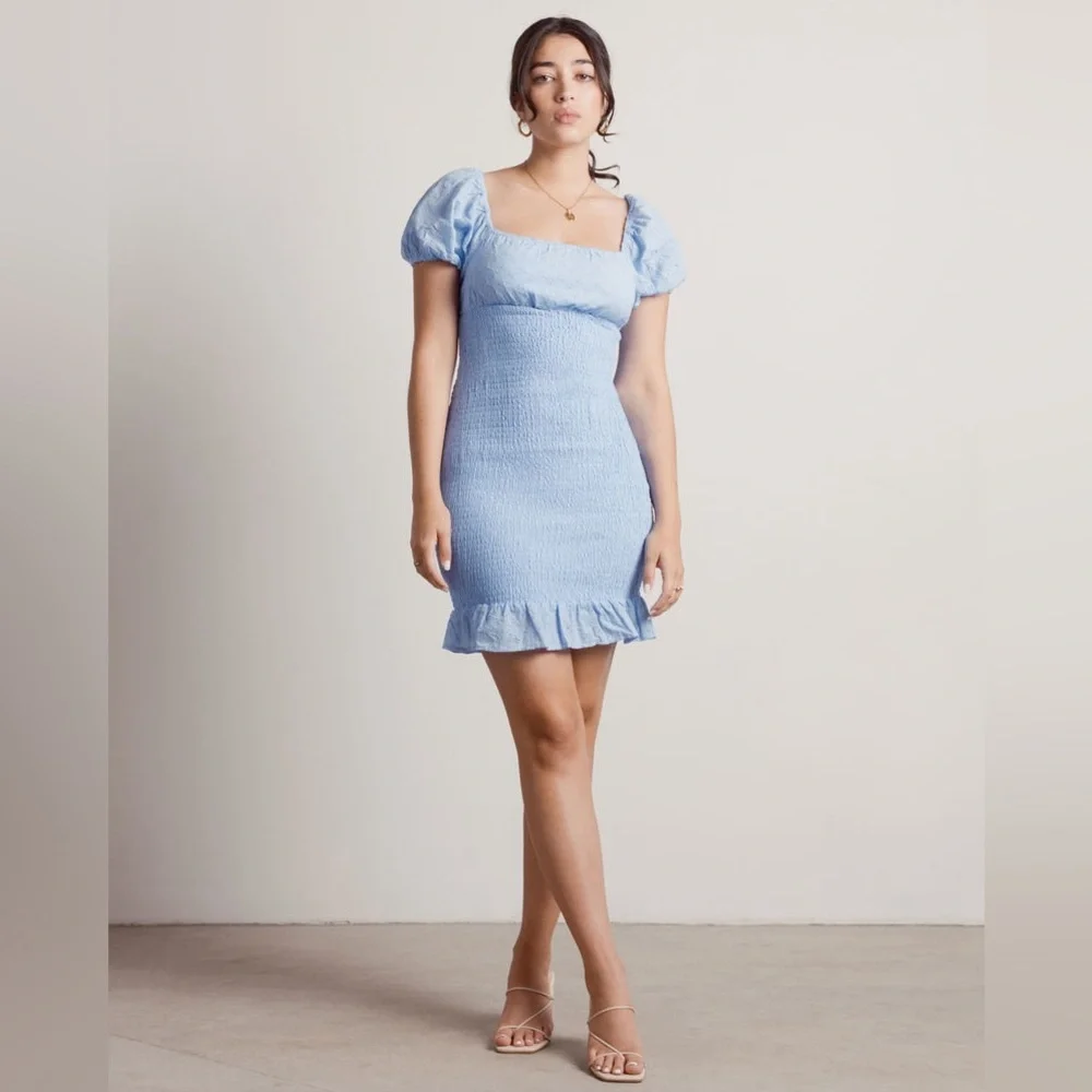 Vici Collection Light Blue Square Neck Puff Sleeve Smocked Mini Dress M Medium